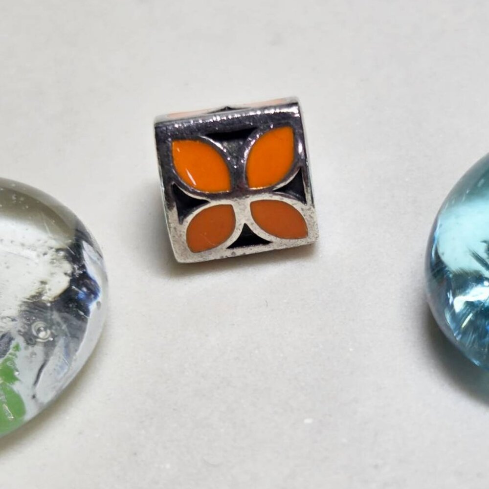 Authentic Pandora 4 Petals Sterling Silver Charm Orange Flower Bead Retired